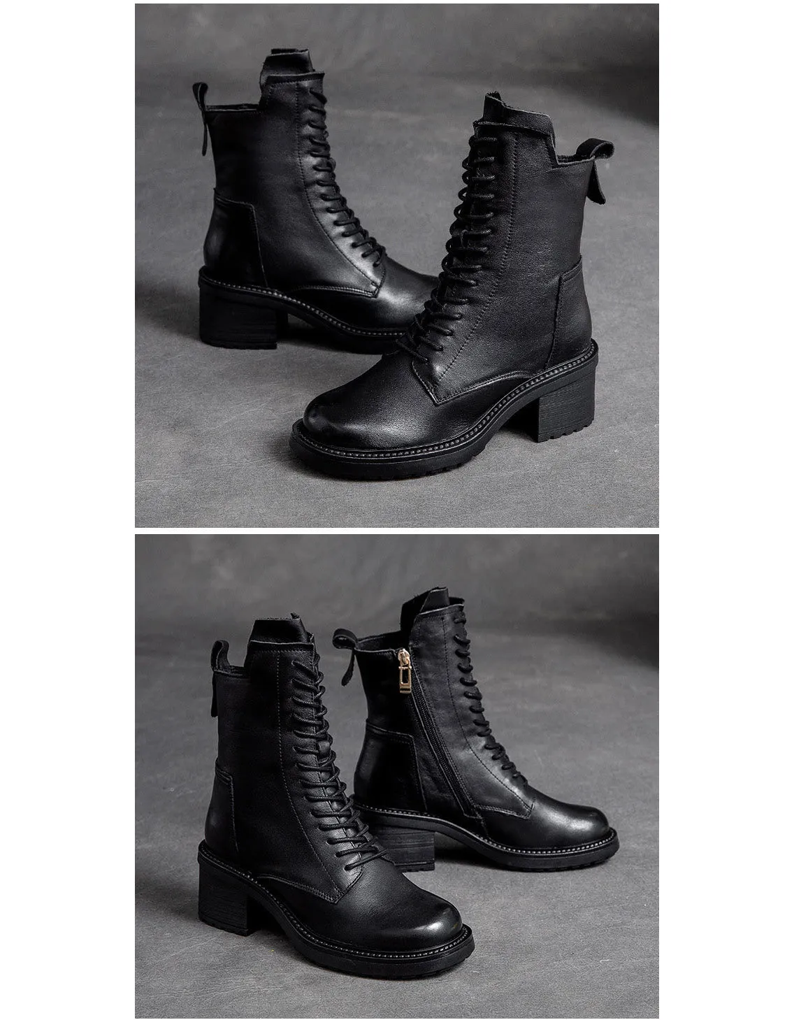 Autumn Winter Retro Leather Chunky Heels Combat Boots