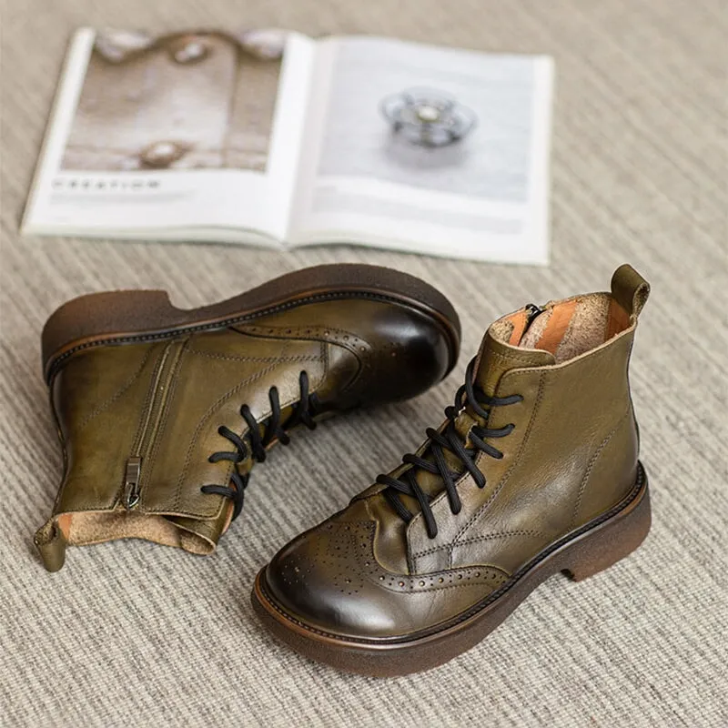 Chunky Wingtip Shoes Leather Carving Brogue Ankle Boot For Women Coffee/Brown/Green