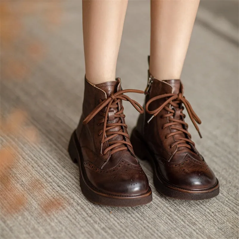 Chunky Wingtip Shoes Leather Carving Brogue Ankle Boot For Women Coffee/Brown/Green