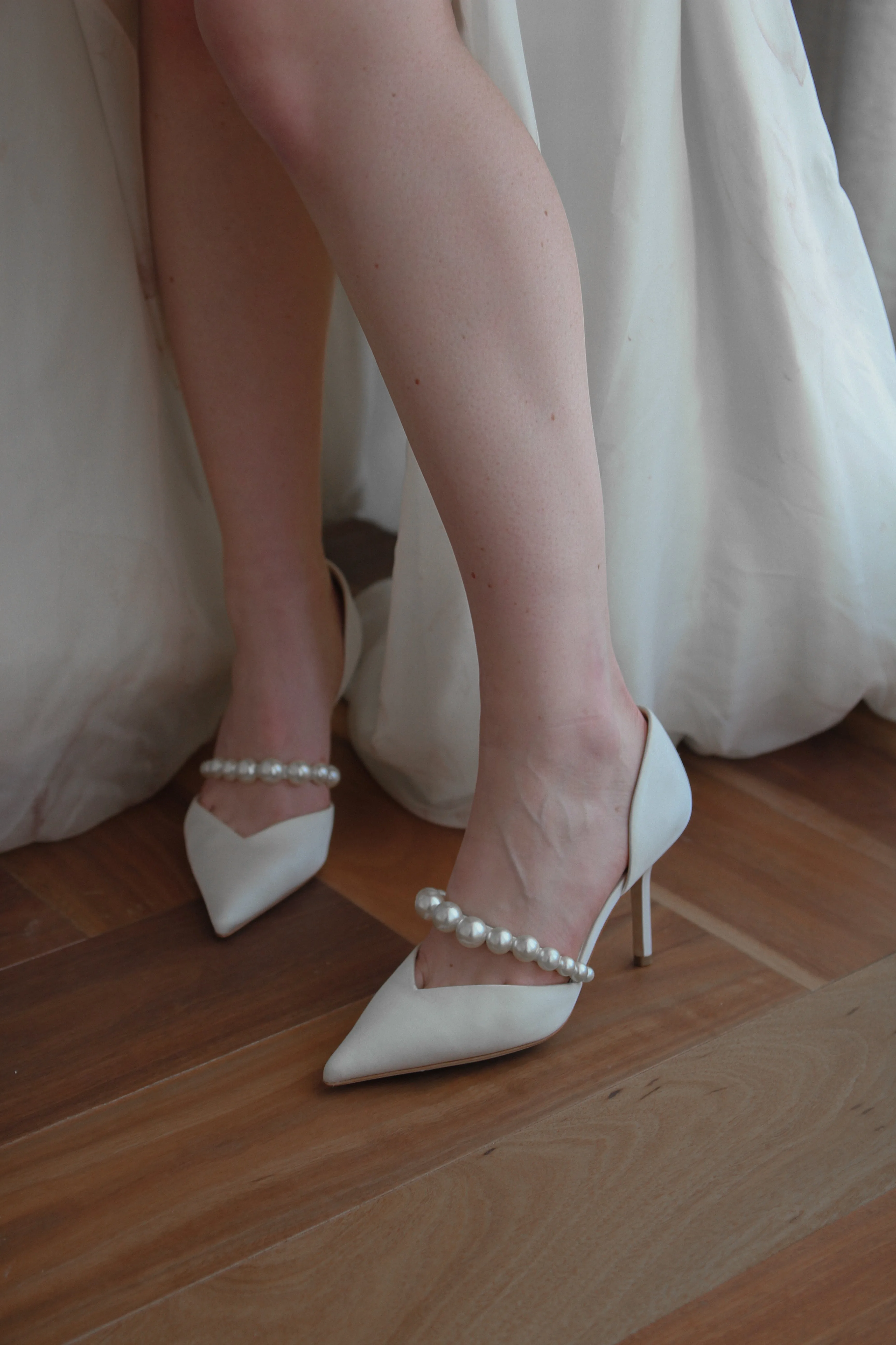 Emma - D'Orsay Pointed Toe High Heels with Pearl Strap - Soft White