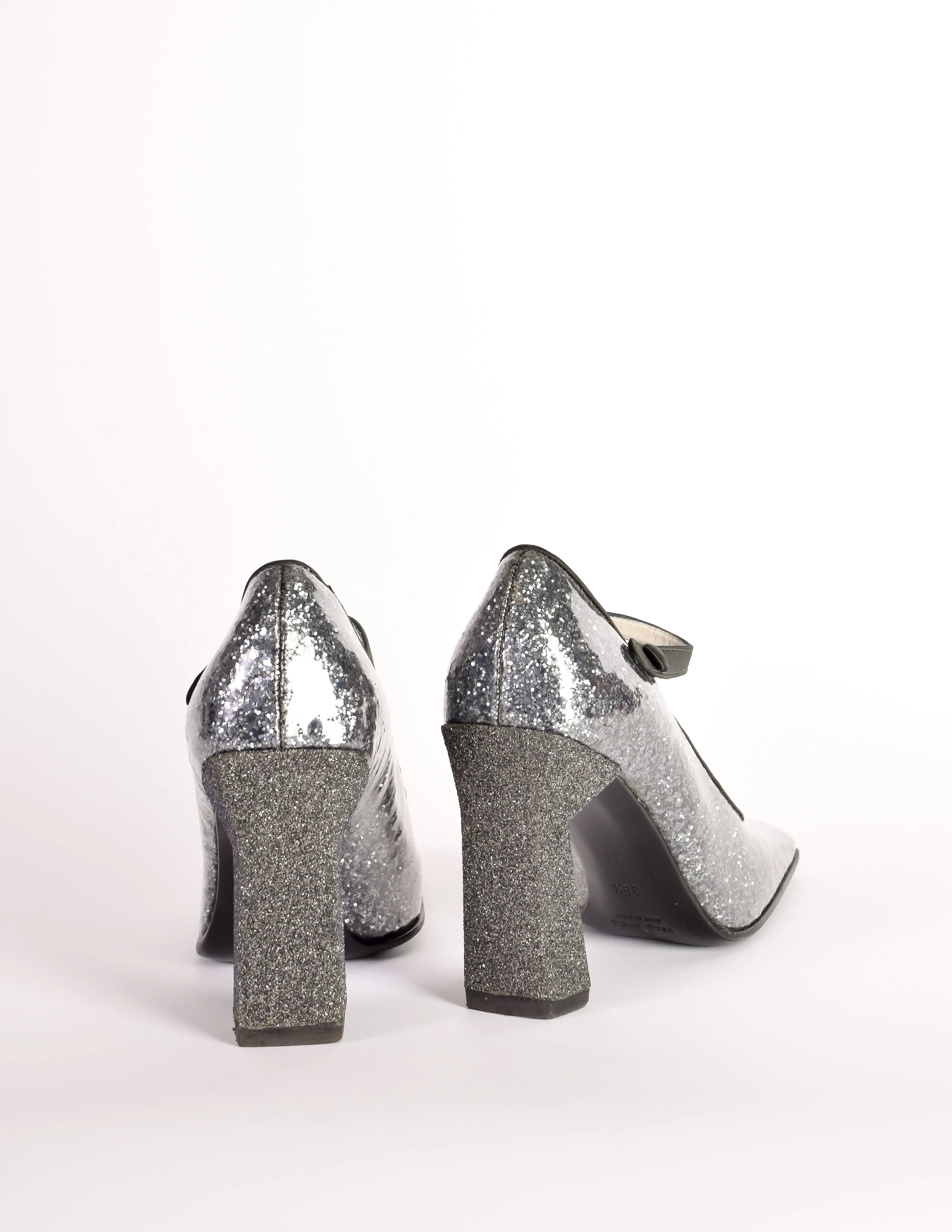 Miu Miu Vintage 1998 Grey Silver Glitter Patent Leather Mary Jane Heels Shoes