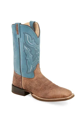 Old West Mens Broad Square Toe Brown/Sky Blue Suede Leather Cowboy Boots