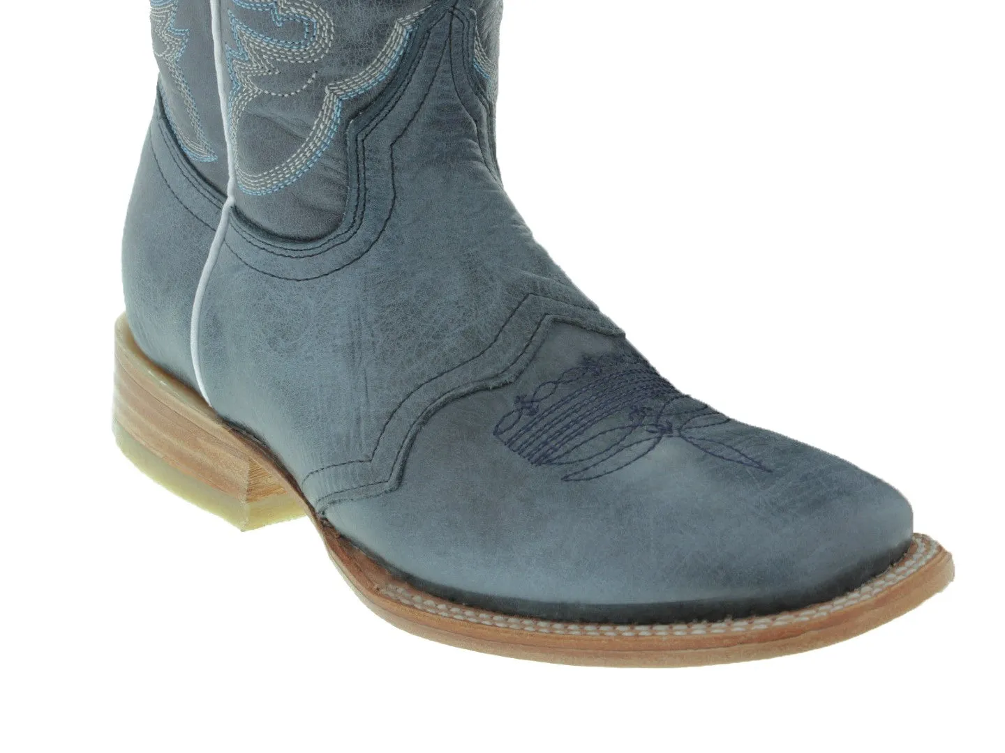 Womens MC560 Denim Blue Stitched Leather Cowboy Boots Square Toe