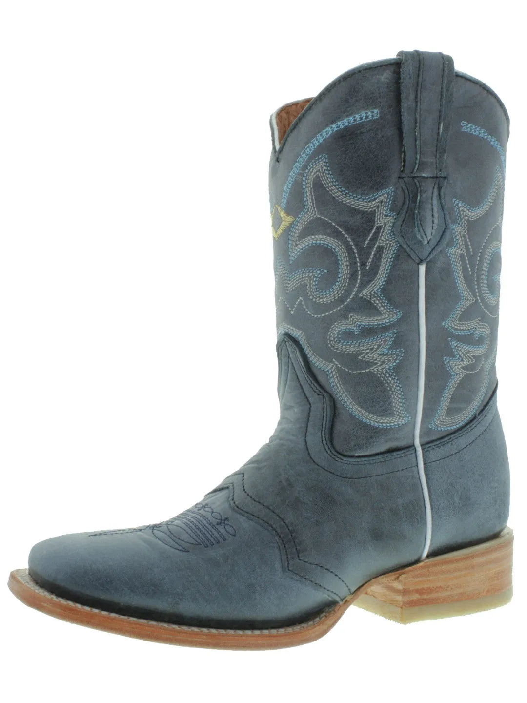 Womens MC560 Denim Blue Stitched Leather Cowboy Boots Square Toe